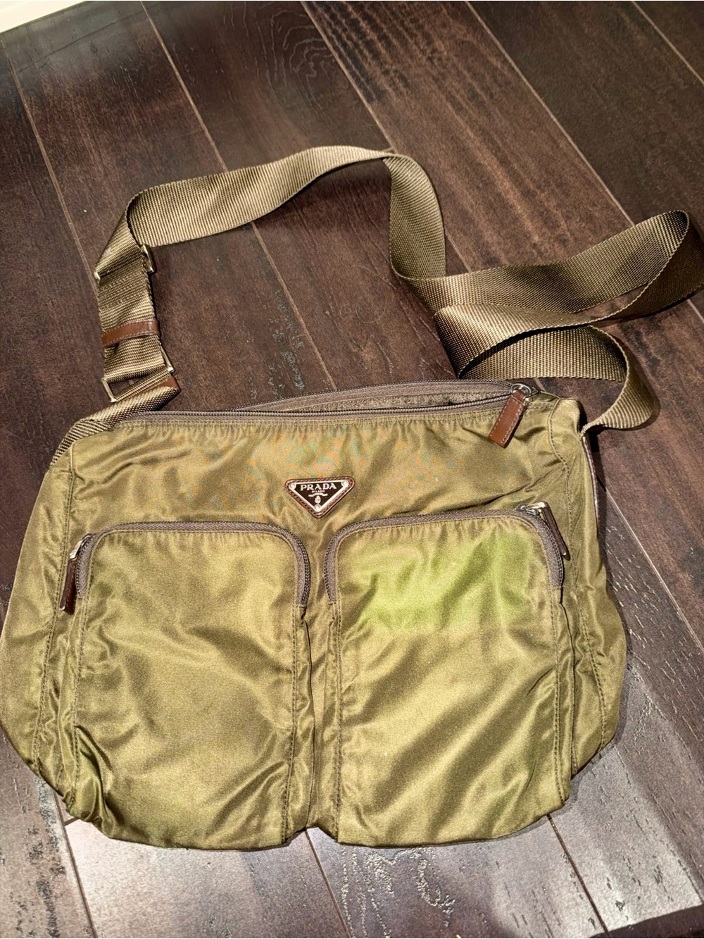 Vintage Prada Olive Tessuto Nylon 2-pocket Messenger / Crossbody Bag